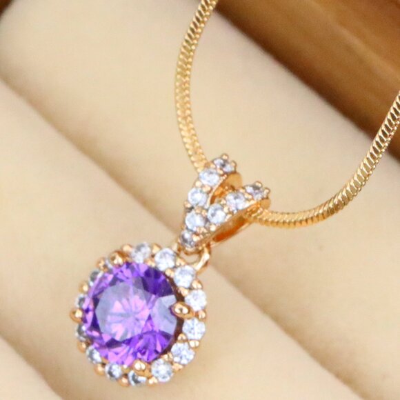 "Round Purple Stone Rose Gold Pendant, XPPT1292 - Picture 1 of 12